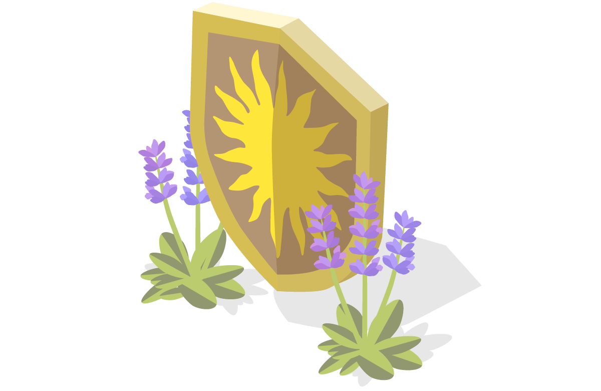 ein Schild mit einer hiraldischen Sonne schwebt über dem Boden, links und rechts flankiert von zwei Lavendel-Pflanzen