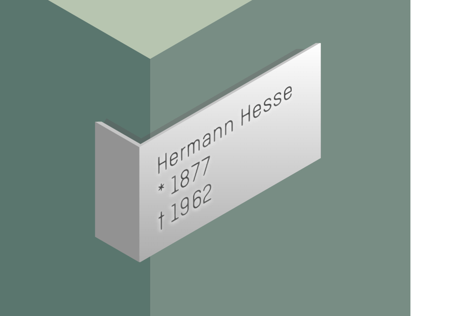 ein grüner Grabstein, darauf ist eine silberne Winkelplatte angebracht. Auf der Inschrift steht: "Hermann Hesse / geboren 1877 / gestorben 1962"